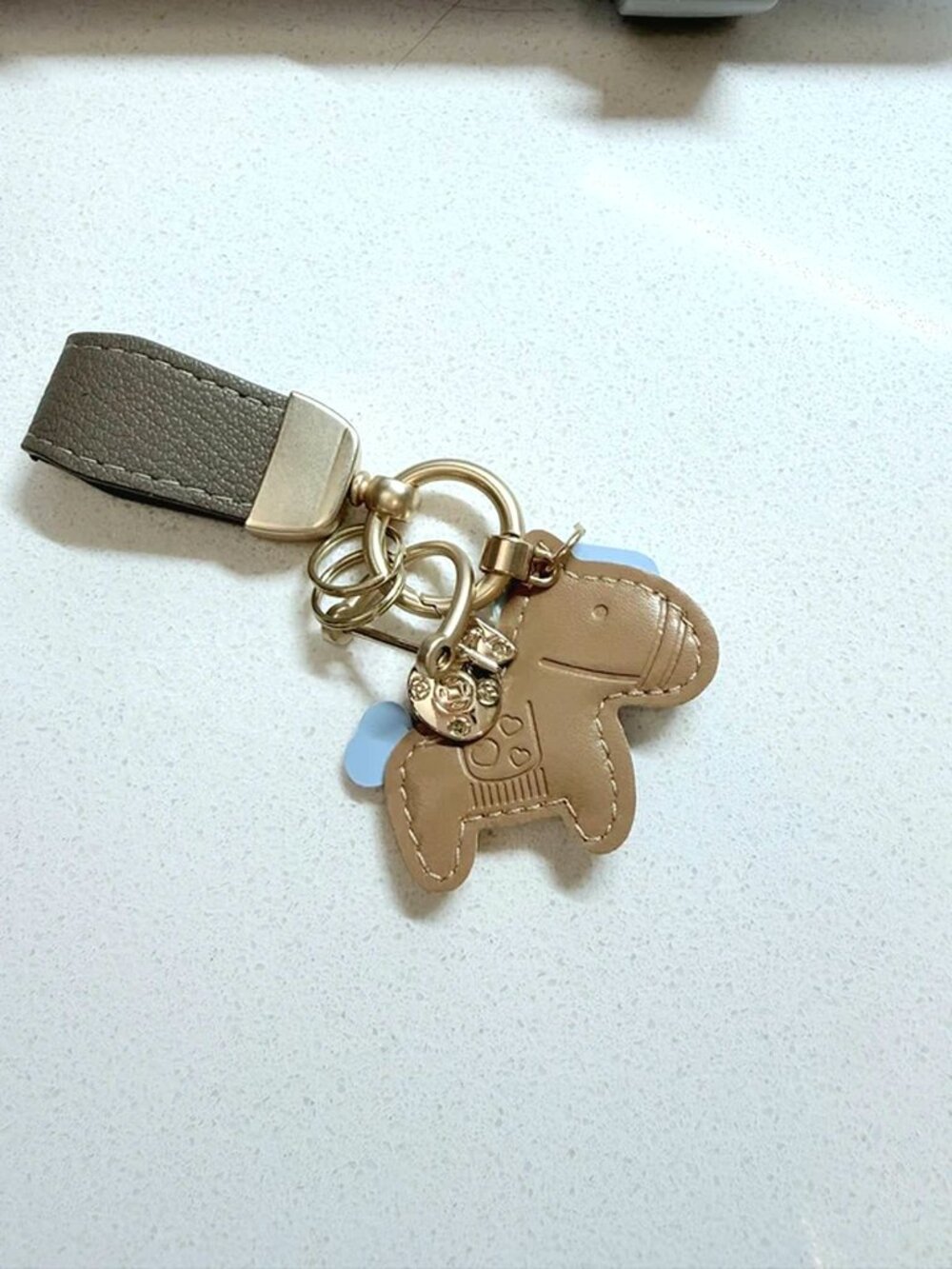 Tan Leather Horse Bag Charm Keychain with Wrist Strap
